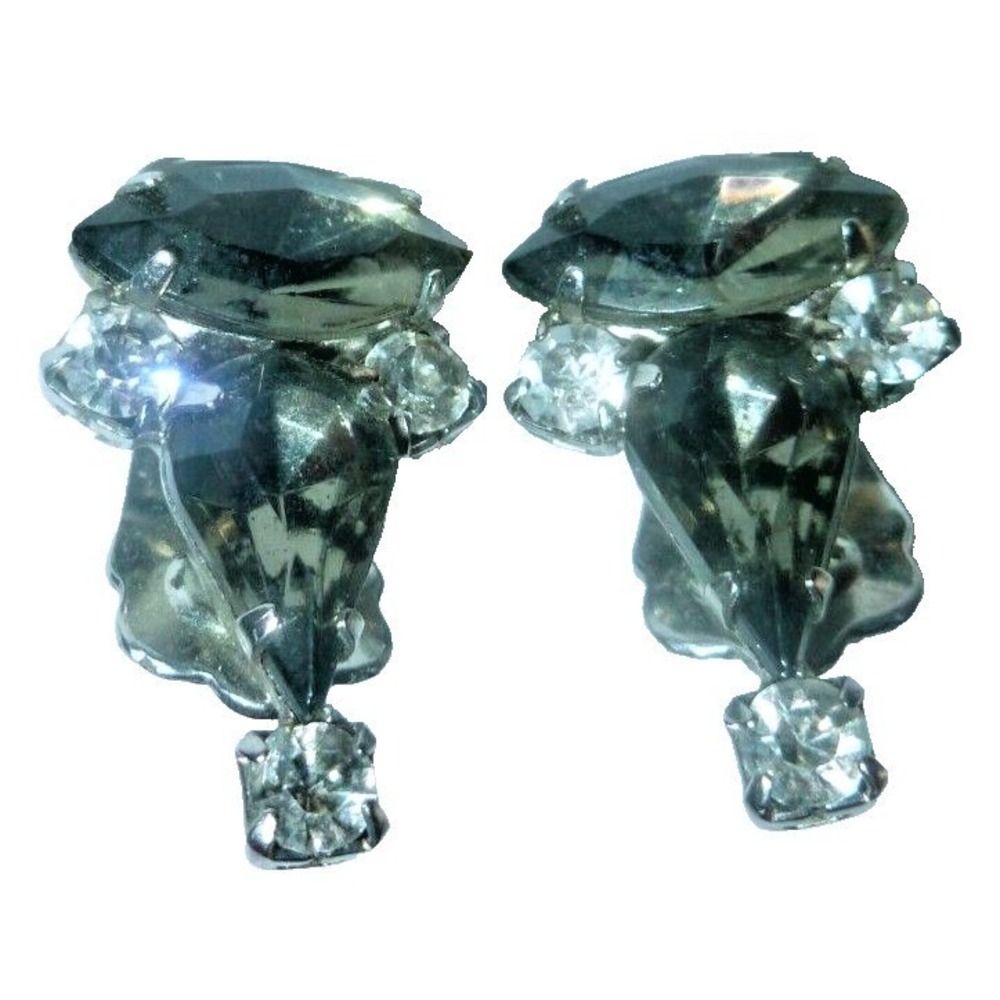 Vintage Smoky Gray Clear Rhinestone Clip On Earrings Silver Tone Cluster Retro